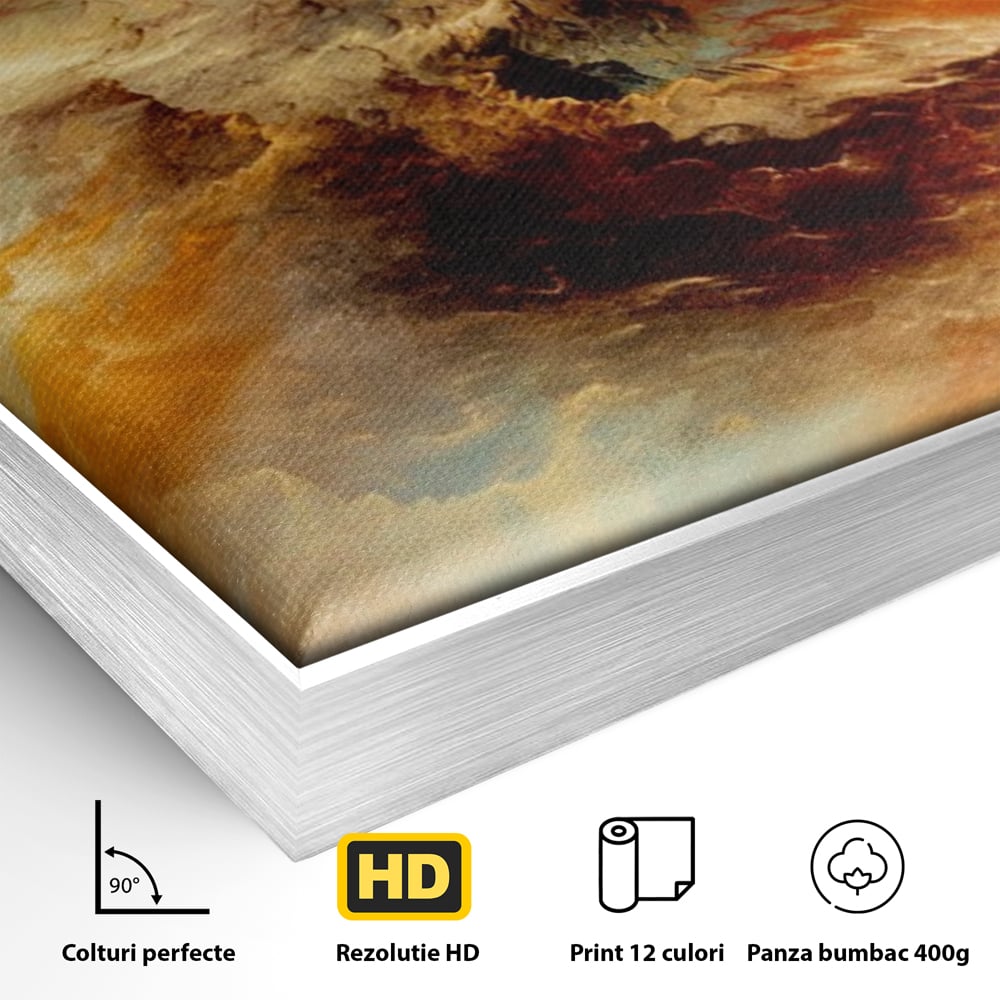 Detaliu al suprafetei: tablou canvas cu compozitie abstracta portocalie, in rama de aluminiu argintiu